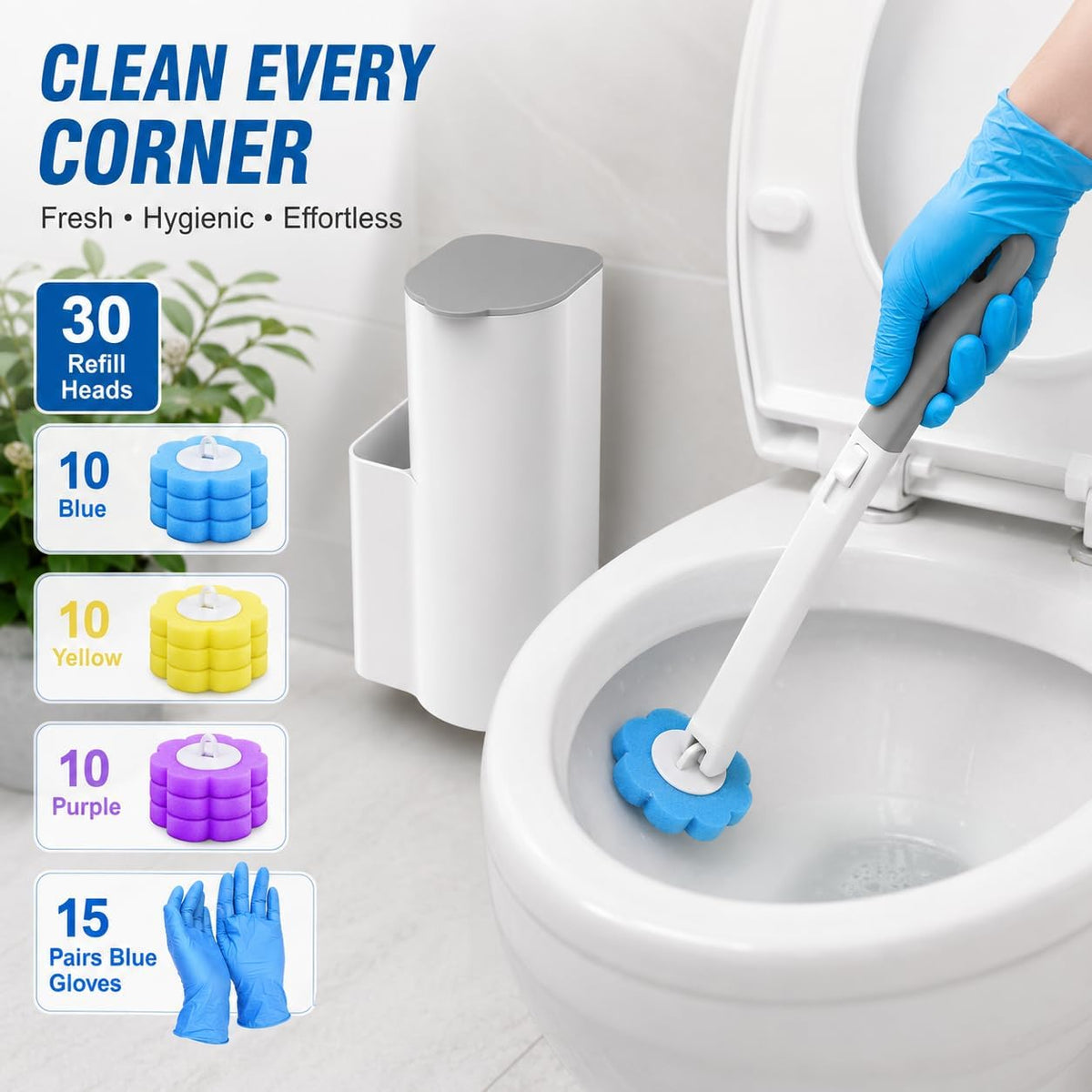 Upgraded 2026 Disposable Toilet Brush, Toilet Bowl Brush and Holder Set, Handle Auto Open Cleaners, Toilet Cleaning System with Storage Caddy for Sink 30 Wand Refills,15 Pairs of Gloves, Bathtub.