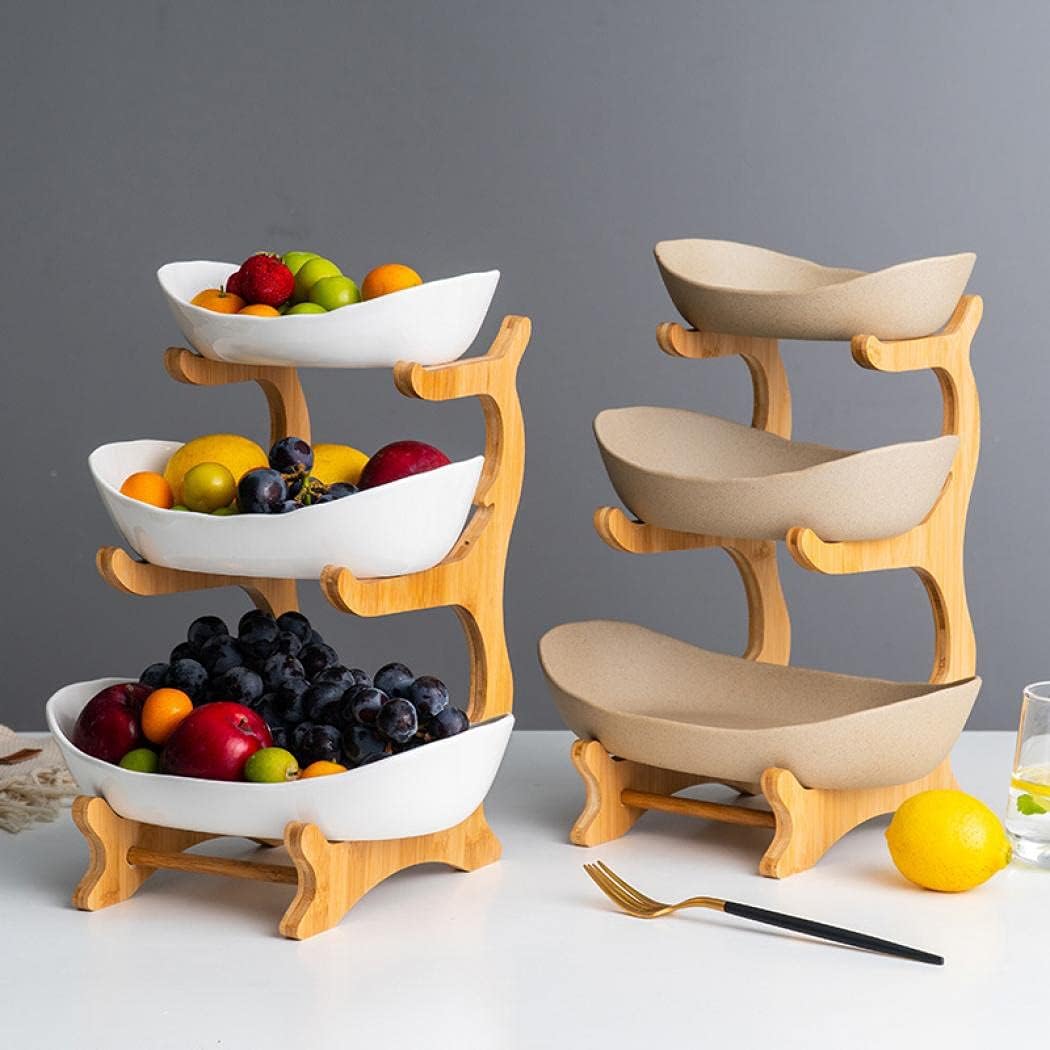 jessie 3 Tiered Fruit Bowls Wooden Stand Ceramics Tiered Tray Decor Serving Fruit Cup Cake Dessert for Party Wedding Farmhouse (Porcelain)