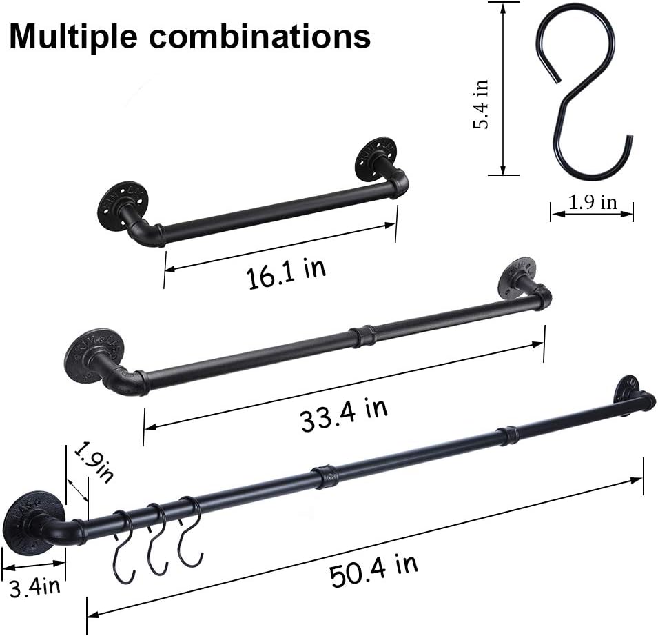 Industrial Pipe Towel Bar Rack, 50.4 Inch Black Towel Rod with 3 Hooks, Wall Mount Bath Towel Rack Holder, Rustic Bathroom Hardware Towel Bar Accessory