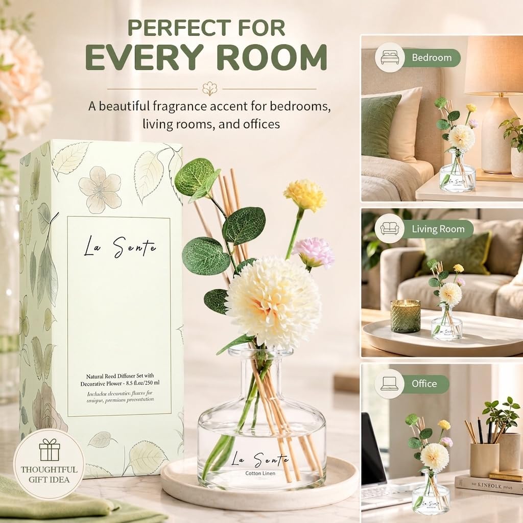 Reed Diffuser Set, Cotton Linen Scent, 8.5oz / 250ml, for Home
