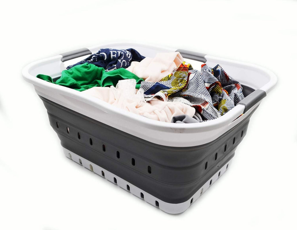 SAMMART 42L (11 gallon) Collapsible Plastic Laundry Basket - Foldable Pop Up Storage Container/Organizer - Portable Basket - Space Saving Hamper/Basket (2, White/Dark Grey)