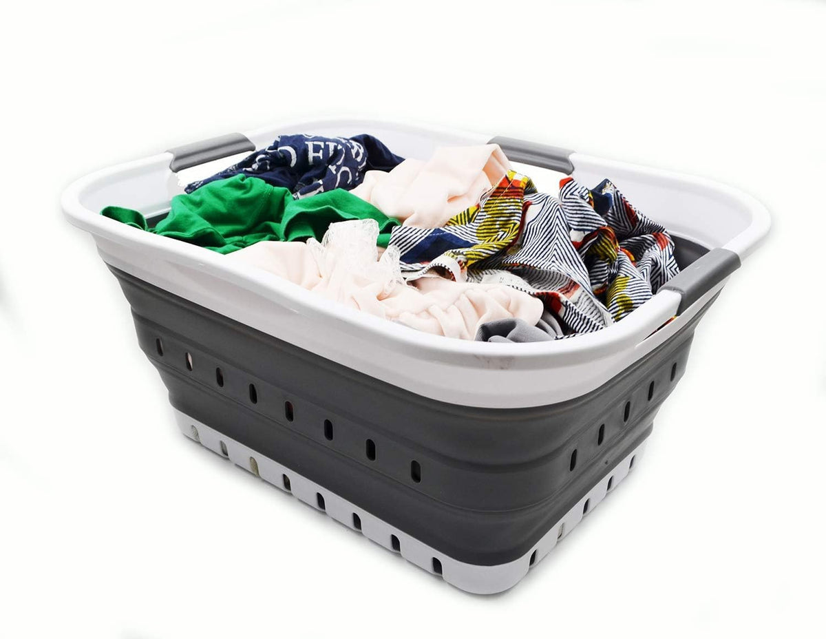 SAMMART 42L (11 gallon) Collapsible Plastic Laundry Basket - Foldable Pop Up Storage Container/Organizer - Portable Basket - Space Saving Hamper/Basket (2, White/Dark Grey)