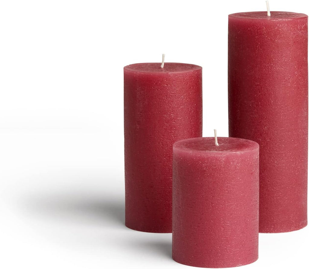 BASK Mottled Pillar Candles - Unscented Burgundy Candles Set of 3 - Dripless, Smokeless for All Occasions