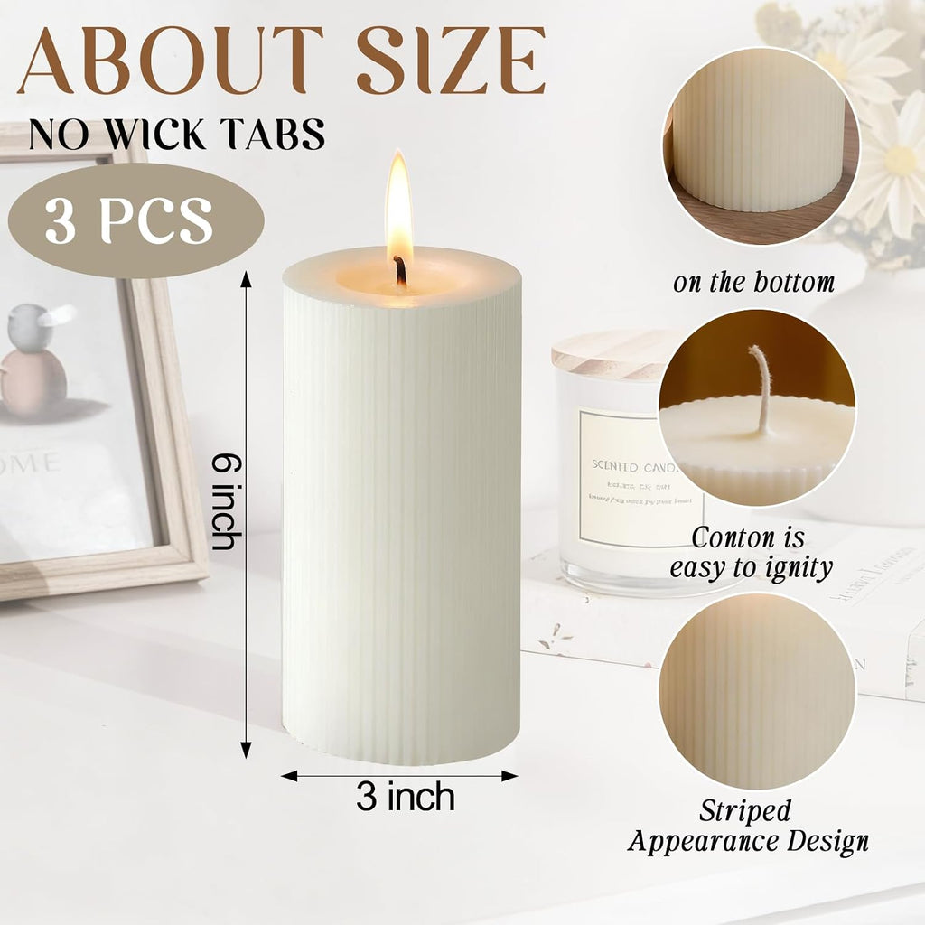 Ribbed Pillar Candles 3x6 Inch 3 Pack White Soy Candles