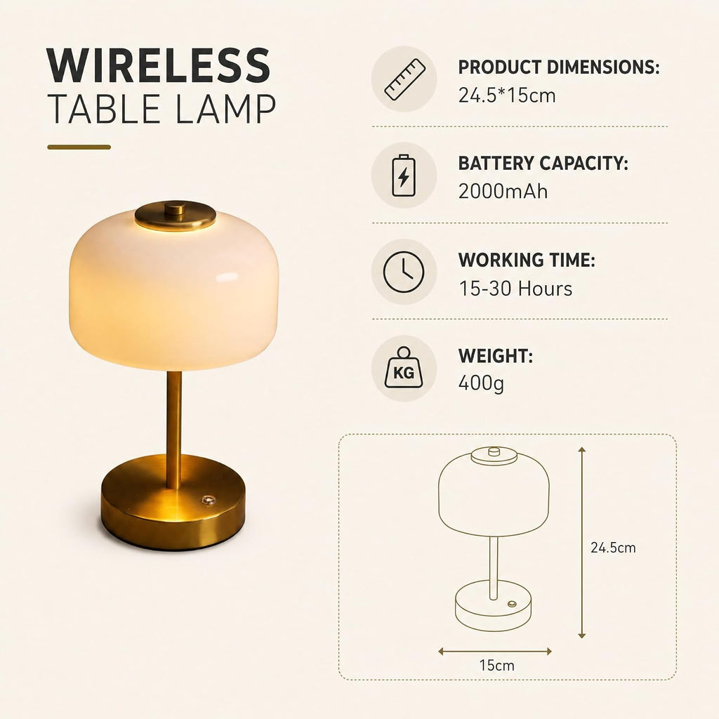Cordless LED Table Lamp, Rechargeable Battery Operated Mushroom Desk Lamp, 3-Level Touch Dimming, Portable Metal & Glass Nightlight for Bedroom, Living Room, Restaurant, Gold
