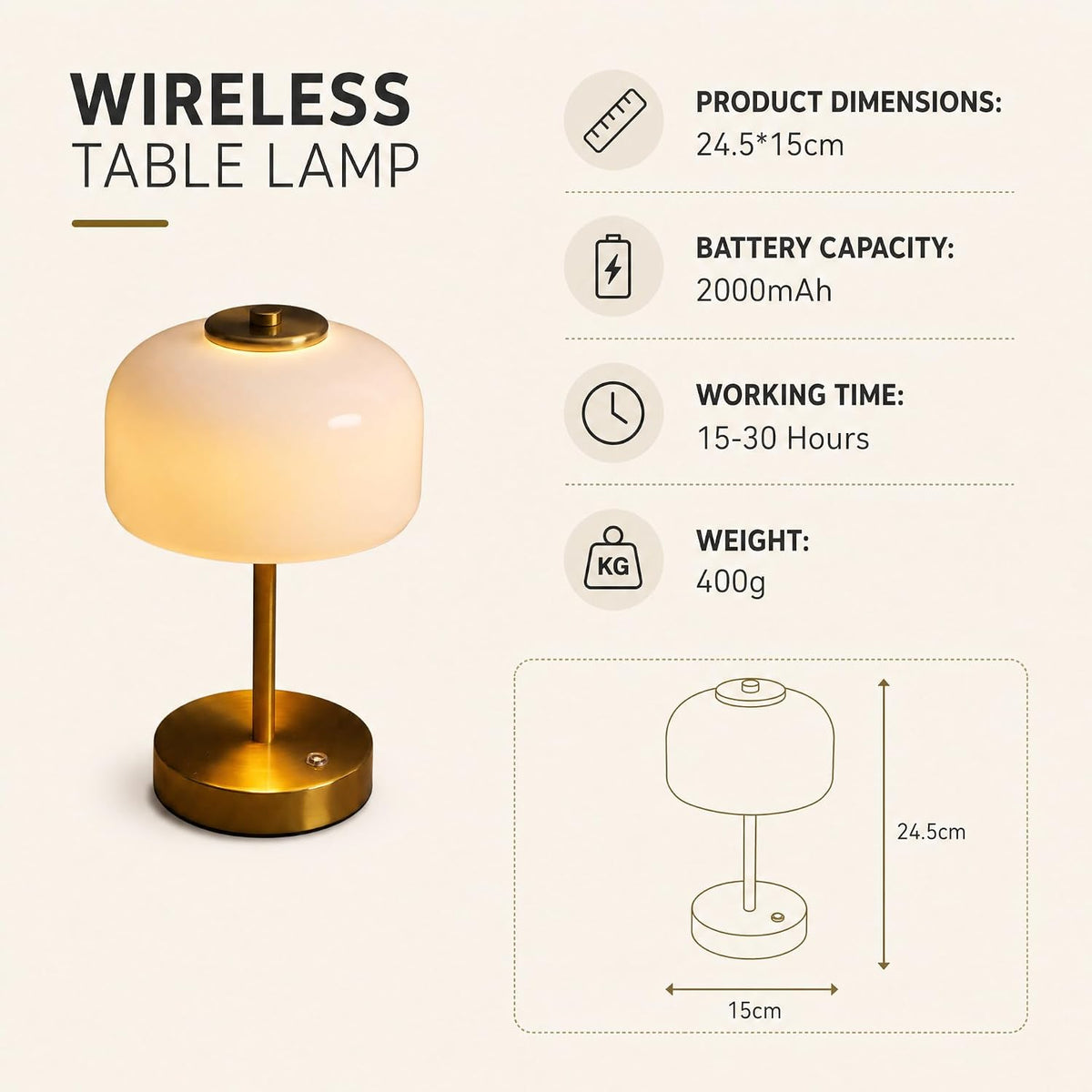 Cordless LED Table Lamp, Rechargeable Battery Operated Mushroom Desk Lamp, 3-Level Touch Dimming, Portable Metal & Glass Nightlight for Bedroom, Living Room, Restaurant, Gold