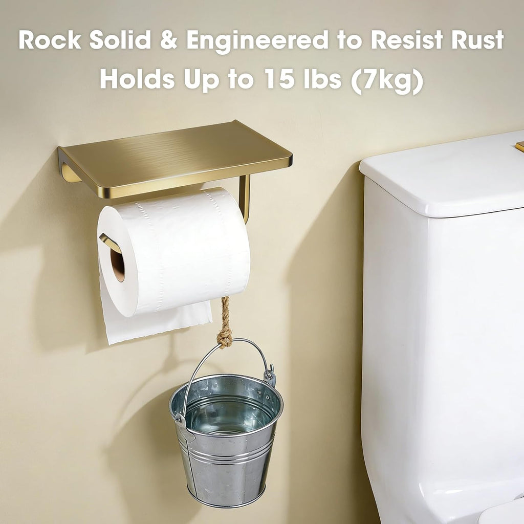 TRUSTMI Toilet Paper Holder with Phone Shelf, Zinc Alloy, Brushed Gold