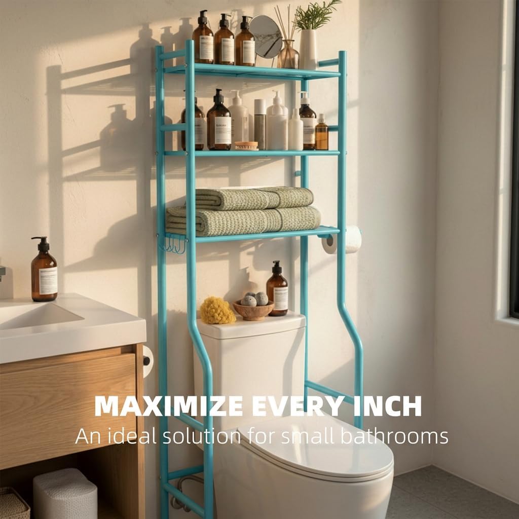 GloTika 3-Tier Over Toilet Storage Cabinet, No Drilling, 64" H, Blue