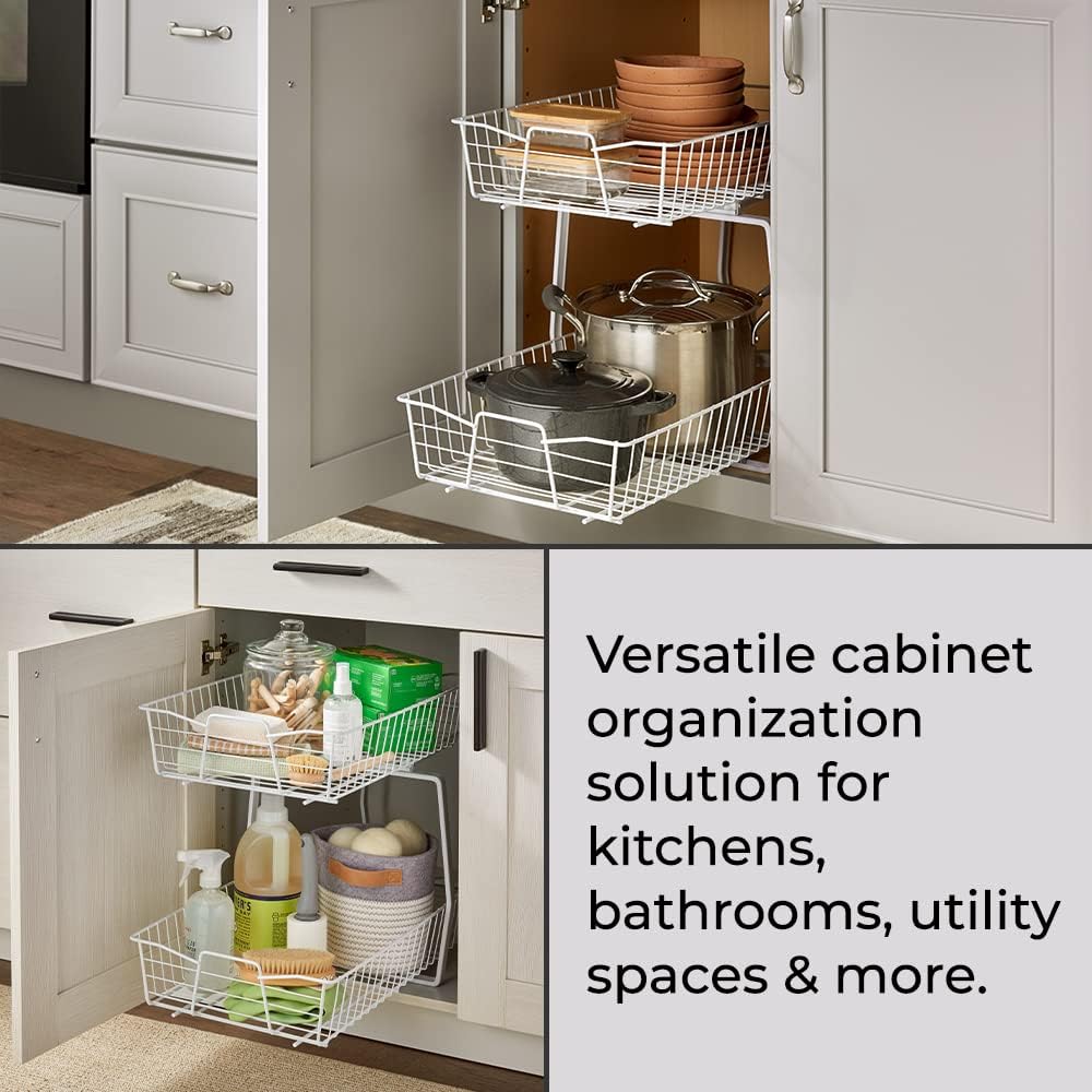 ClosetMaid 14 in. Pull Out Cabinet Organizer, 2 Tier, Heavy Duty, Slide Out Pantry Shelves Drawers for Kitchen, Bathroom, White