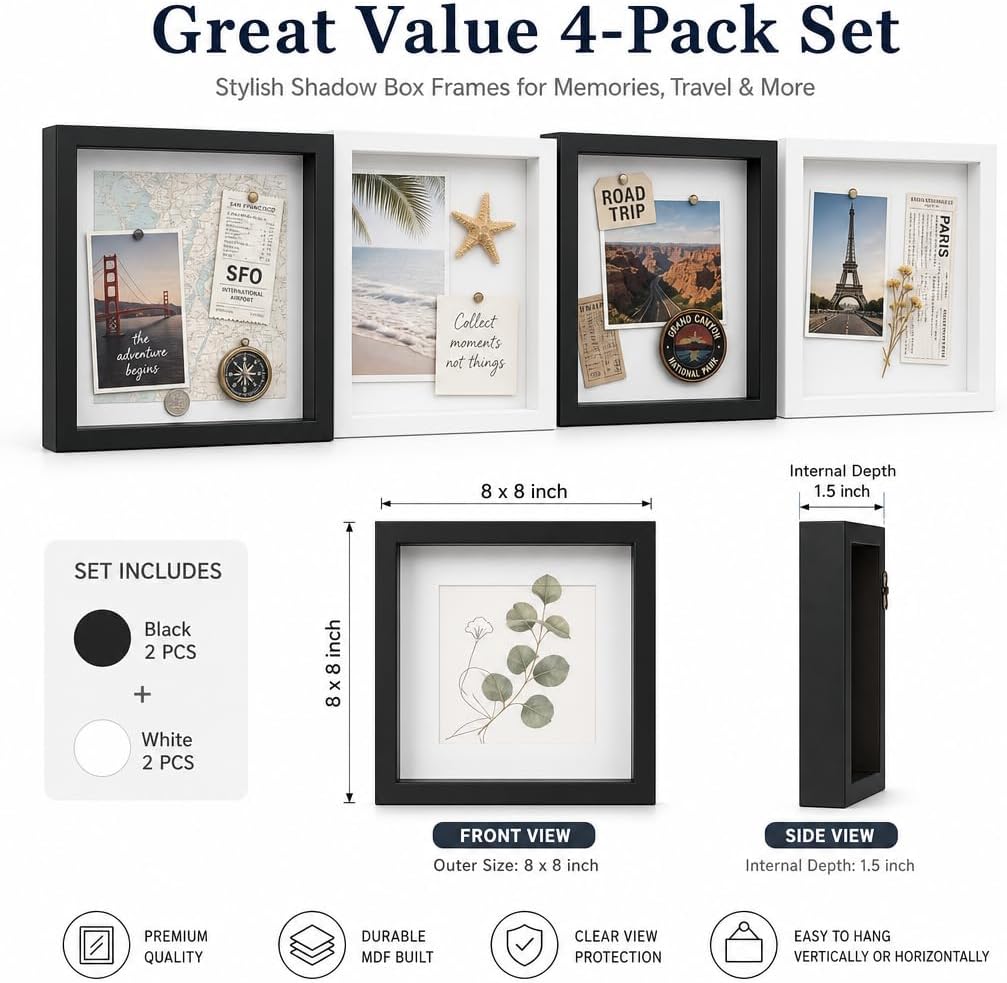 4 Pack Shadow Box Frame Display Cases, 8"x 8" Wood Deep Black Handicrafts Shadowbox Picture Frame for Flowers Jersey Baby Wedding Dress (Black&White)