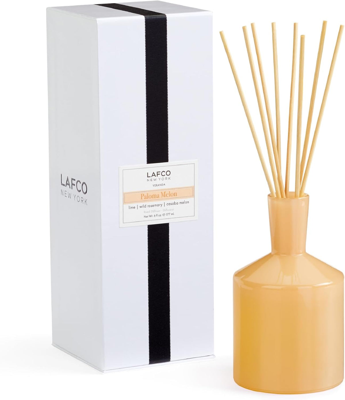 LAFCO New York Classic Reed Diffuser, Paloma Melon - 6 oz - Up to 3 Months Fragrance Life - Reusable Glass Vessel - Natural Wood Reeds - Made in the USA