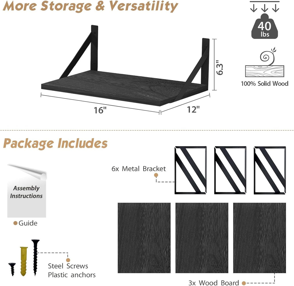 Forbena 12 Inch Deep Floating Shelves for Wall, Wide Black Wall Mounted Shelves for Bedroom Office Books Plants, Large Hanging Shelf for Living Room Bathroom Kitchen Closet Pantry Storage (3-Pack)