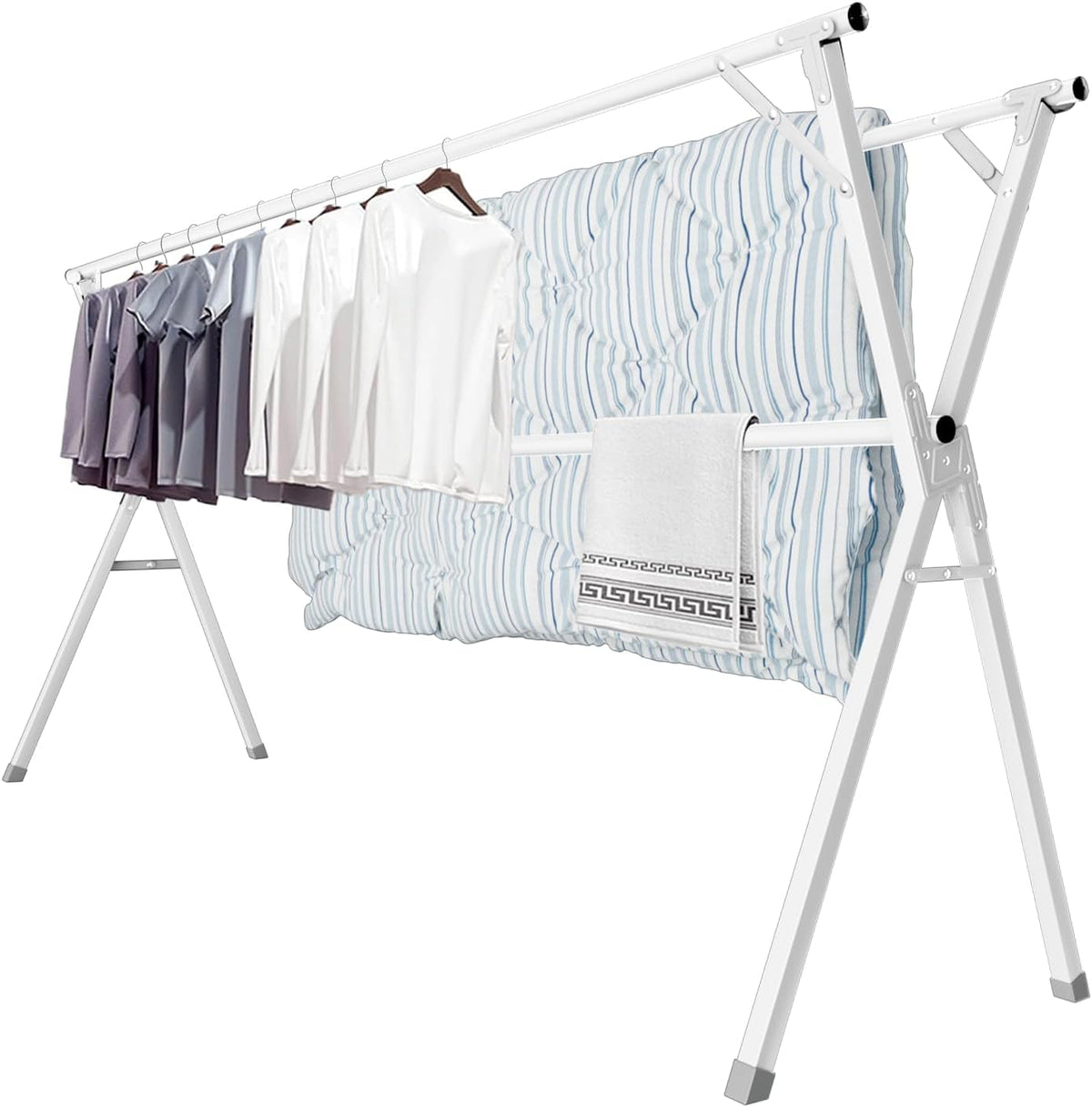 JAUREE 95 Inches Clothes Drying Rack, Drying Rack Clothing Folding Indoor Outdoor, Heavy Duty Stainless Steel Laundry Drying Rack, Foldable Portable Clothes Rack Garment Rack with 20 Hooks White