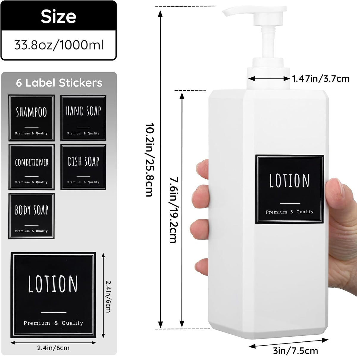Segbeauty 33.8oz Plastic Soap Dispenser Bathroom, 2pcs Sqaure Body Wash Container Empty, 1000ml White Leakproof Hand Soap Dispenser, Large Pump Bottles for Shampoo and Conditioner with Labels