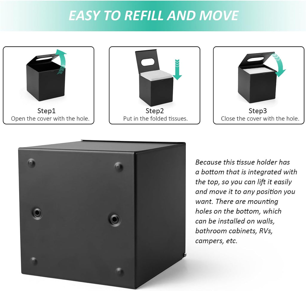 JunSun Square Tissue Box Cover Tissue Box Holder Napkin Holder Tissue Cube Box Decorative Holder for Bathroom Bedroom Office Dresser Nightstand Desk Tabletop 5"X 5" X 5"-Stainless Steel Matte Black