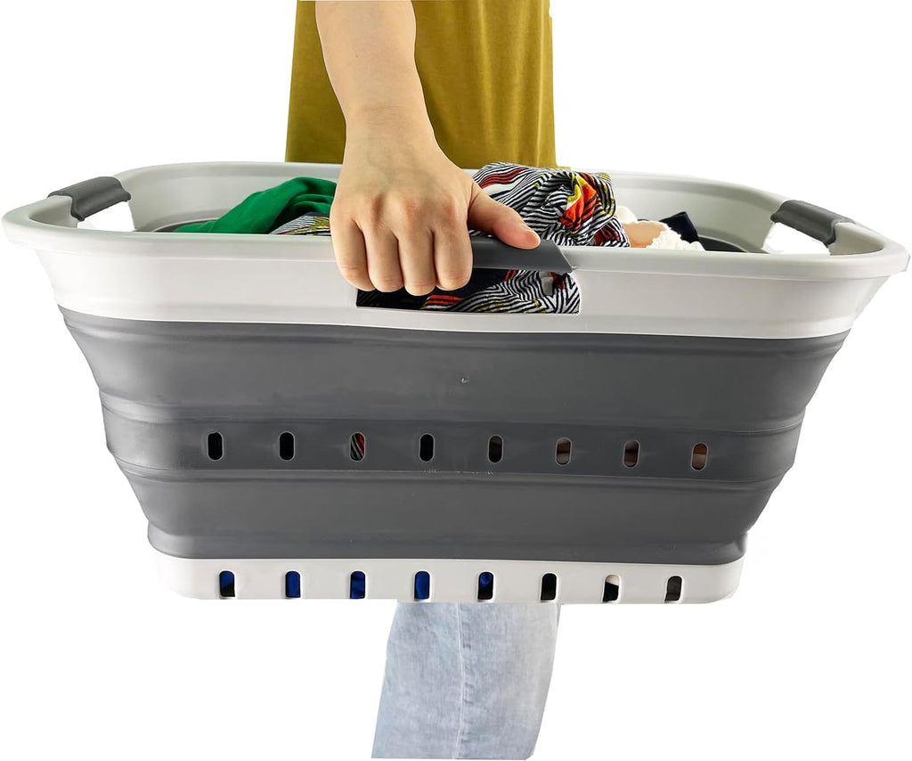 SAMMART 42L (11 Gallon) Set of 2 Collapsible Plastic Storage Basket - Foldable Pop Up Storage Container - Portable Laundry Organizer - Space Saving Hamper (Grey/Steel Grey, 42L (Style B))