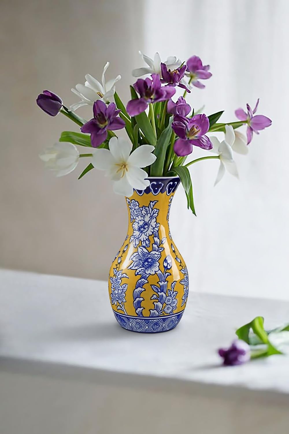 Blue and Yellow Ceramic Vase 11" Chinoiserie Flower Vase in Wide Mouth