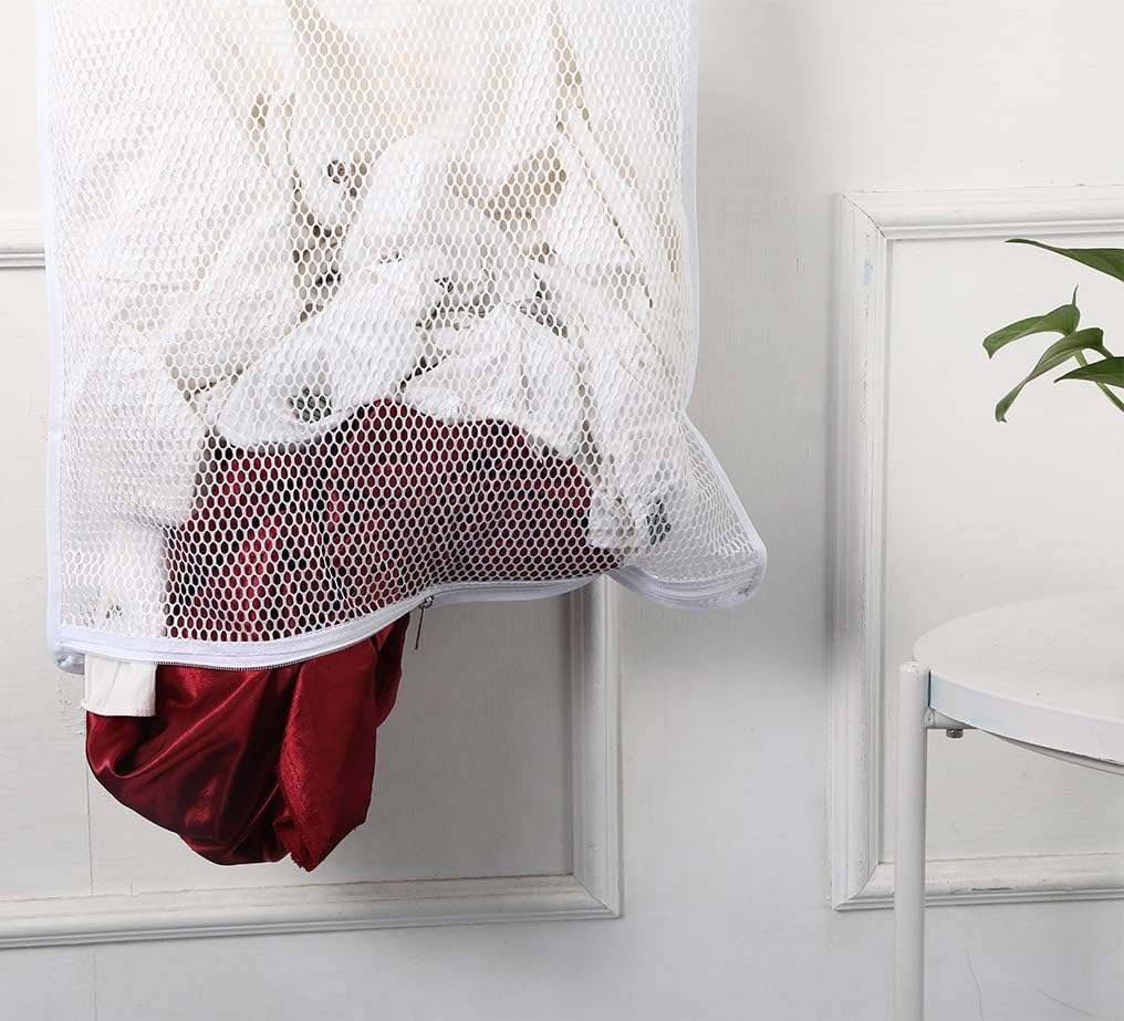 Door-Hanging Mesh Laundry Hamper Bag, Space Saving Corner Small Laundry Basket Dirty Clothes Hamper with Rotating Metal Hanger for Apartment, RV, Camper, Cabin, College Dorm Use (White)