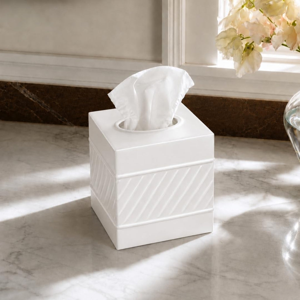 Monarch Abode Tissue Box Cover Square – Handcrafted Wave Embossed White Metal Tissue Holder Box for Bathroom Accessory, Aesthetic Decorative Facial Napkin Cube for Modern Home Decor