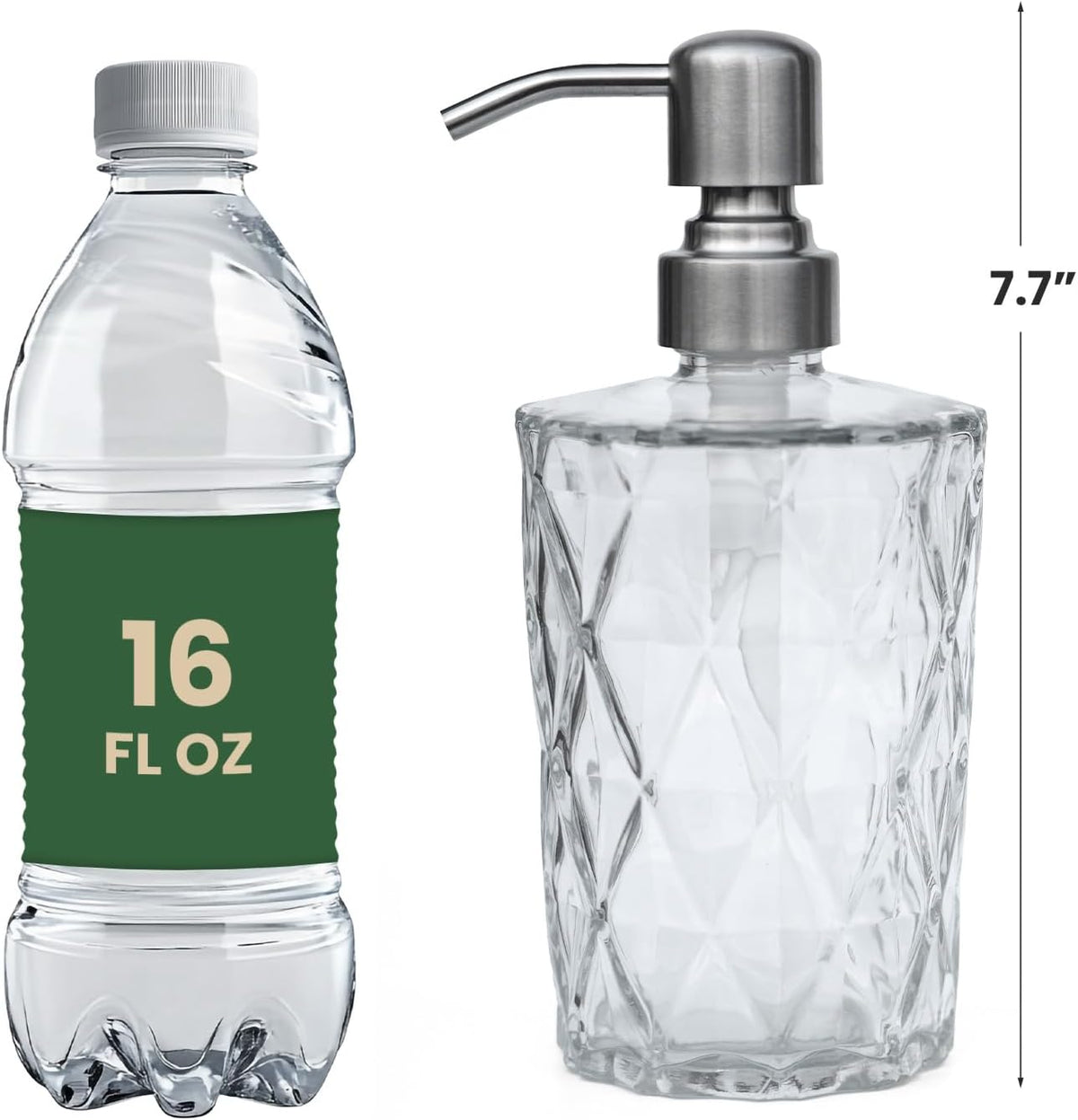 16 OZ Diamond Design Soap Dispense with 304 Rust Proof Stainless Steel Pump Glass Soap Dispenser Kitchen Soap Dispenser Bathroom