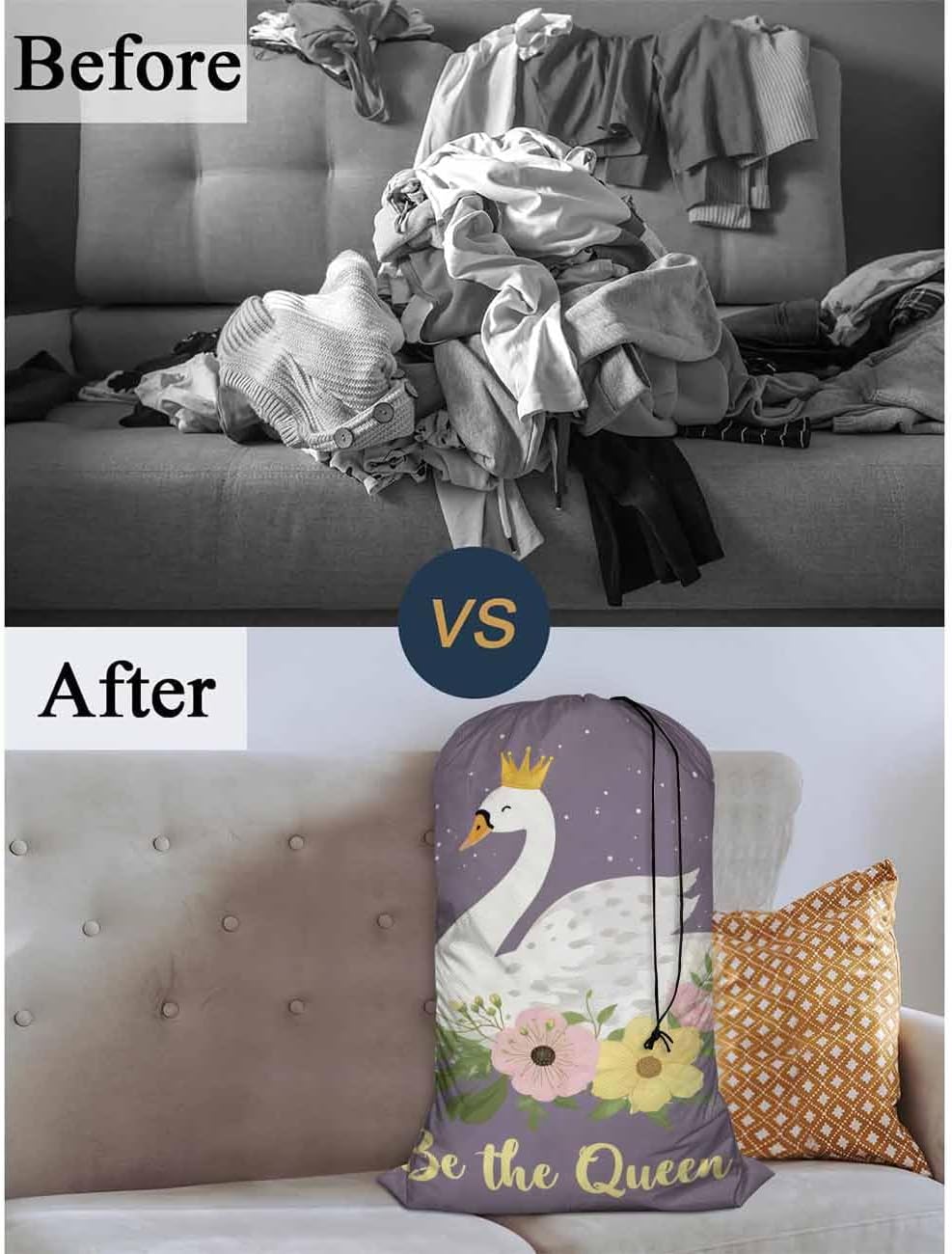 Swono Swan Dining Toy Storage Heavy Duty Basket Laundry Bag with Drawstring White Dreaming Swan Princess with Crown Be The Queen Floral Folding Organizer for Travel Washing Machine, Purple