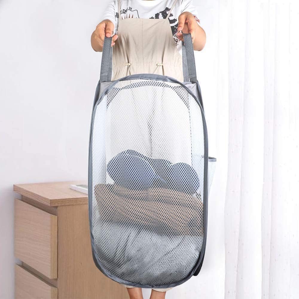 Mesh Pop up Laundry Hamper, Collapsible for Storage, Portable Folding Pop-Up Clothes Hamper Laundry Basket for Home Room, College Dorm or Travel, Grey