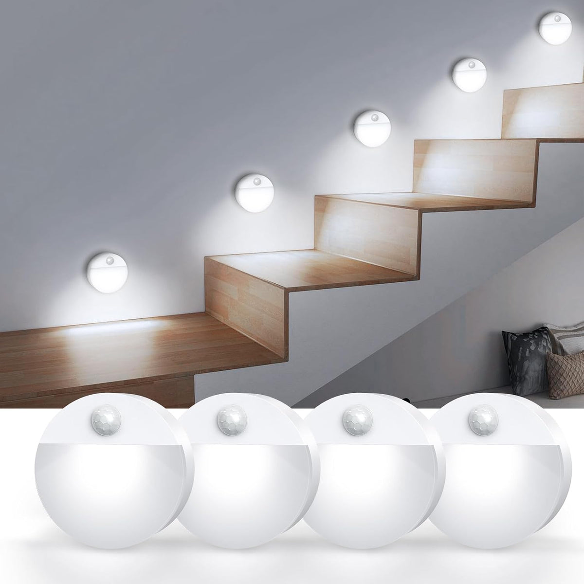 AMIR Upgraded Mini Motion Sensor Light Battery-Powered, Cordless Stick-on LED Night Light, Wall Light, Closet Lights, Safe Lights for Stairs, Hallway, Bathroom, Kitchen, Cabinet (Pack of 4 - White)