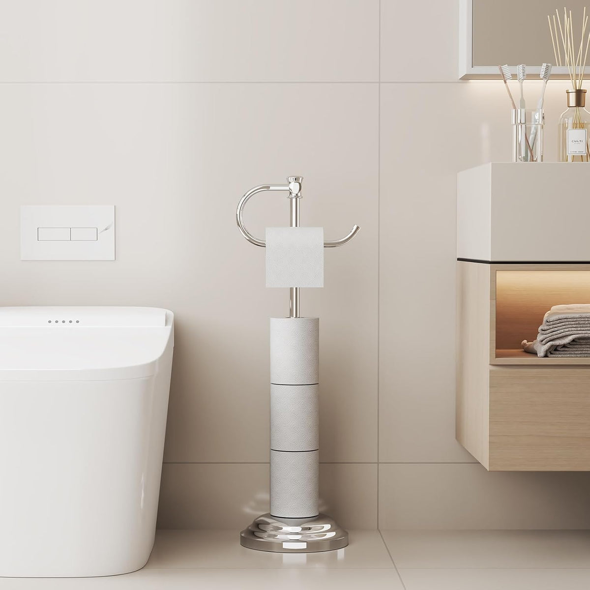 BESy Toilet Paper Holder Floor Stand, Bathroom Freestanding Chrome