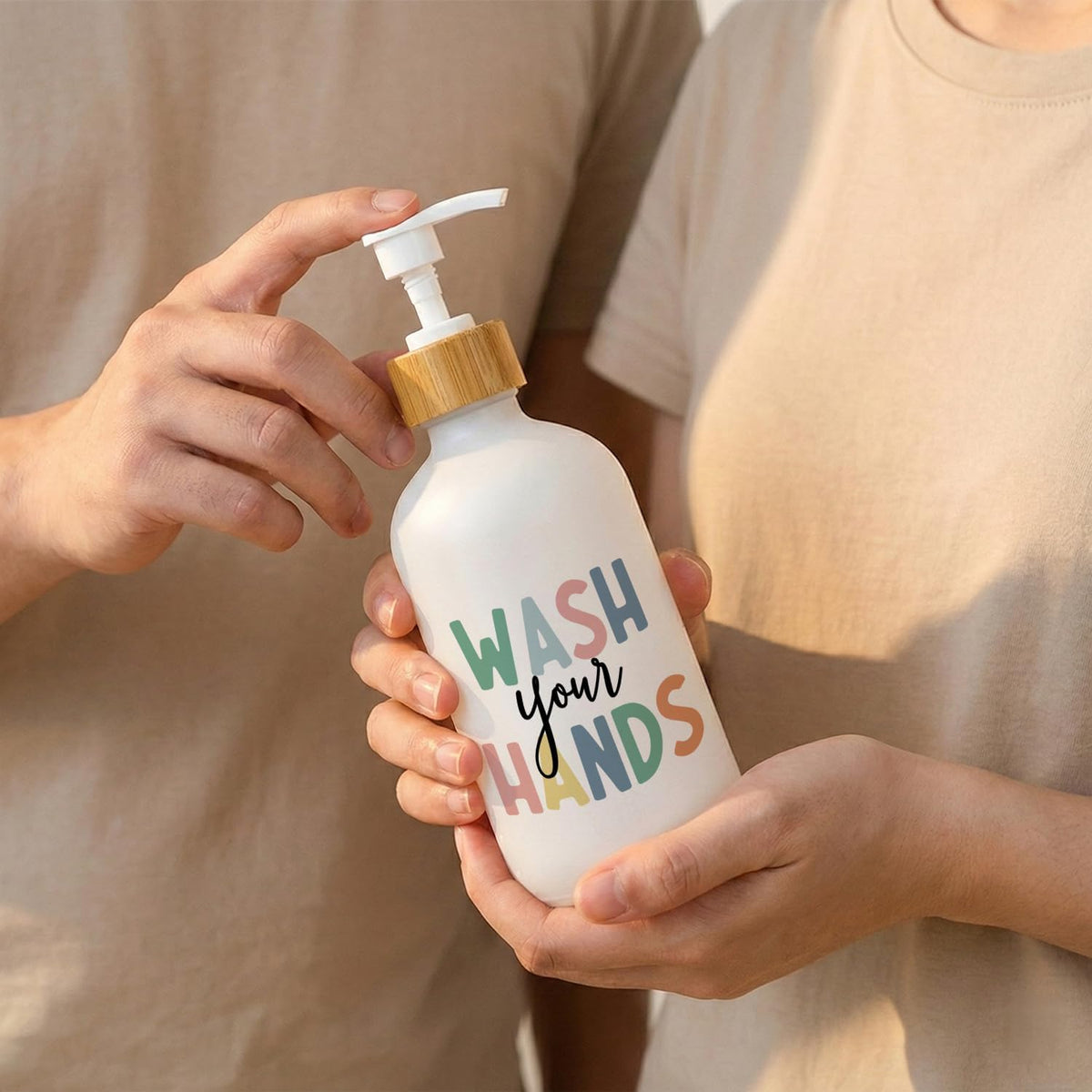 Kids Bathroom Soap Dispenser, Wash Your Hands Bathroom Countertop Hand Soap Dispenser with Pump, Colorful Boho Toddler Decor Handsoap Refillable Glass Pump Bottle Container