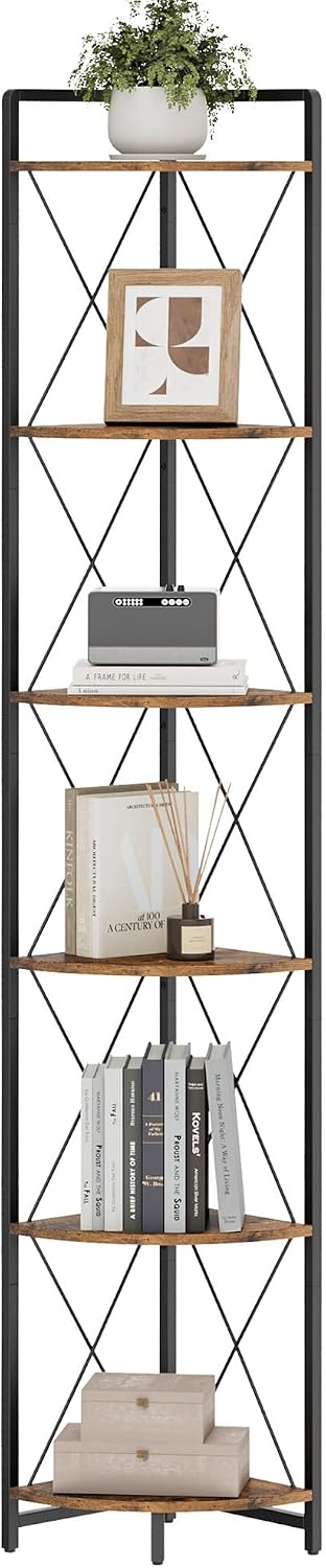 6 Tier Corner Shelf Stand, 78" H Tall Corner Bookshelf, Rustic Brown