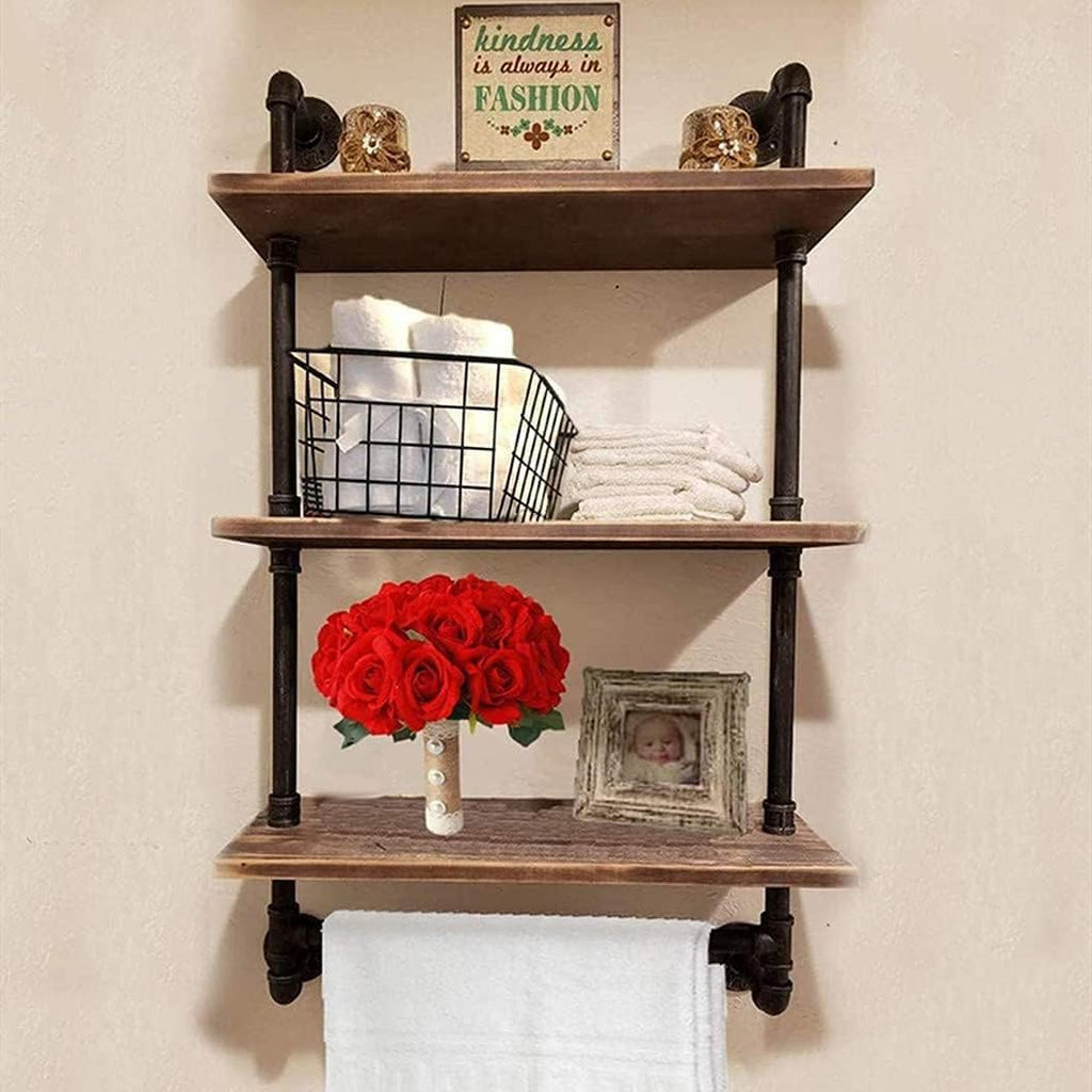 DR.IRON Industrial Pipe Shelving Rustic Bathroom Shelves with Towel Bar, 24" Pipe Shelf Wall Mounted, Farmhouse Bathroom Shelf Storage (3 tier-24)