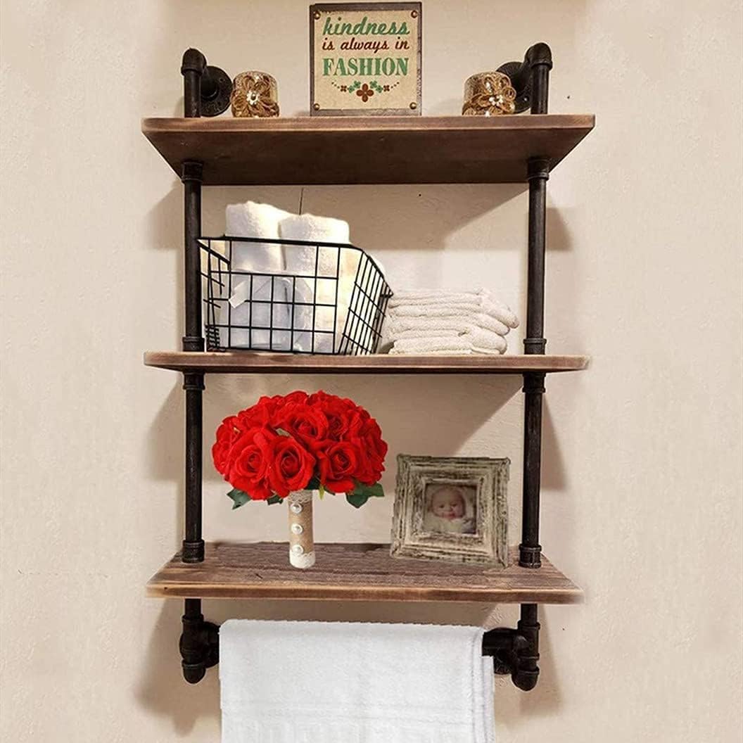 DR.IRON Industrial Pipe Shelving Rustic Bathroom Shelves with Towel Bar, 24" Pipe Shelf Wall Mounted, Farmhouse Bathroom Shelf Storage (3 tier-24)