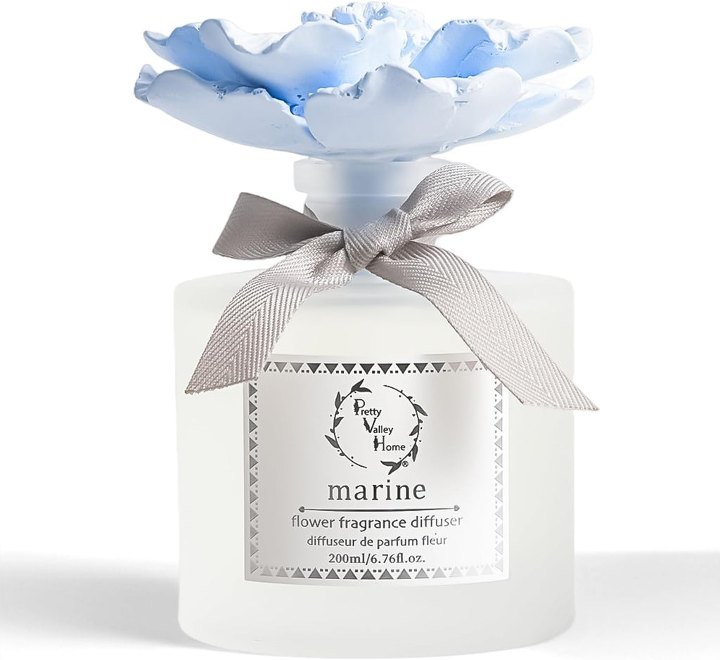 Reed Diffuser Sets, 6.76 Fl. Oz / 200ML Ceramic Diffuser Flower Gift Box, Home Reed Diffuser for Bathroom Office Bathroom Living Room Decor (Marine Blue)
