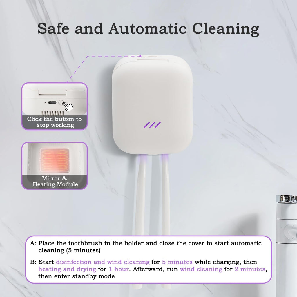 UV Toothbrush Sanitizer Holder, USB Rechargeable Bathroom Holder with Hidden Fan and Heat Drying, Wall Mount Travel Case for 2 Brushes, White