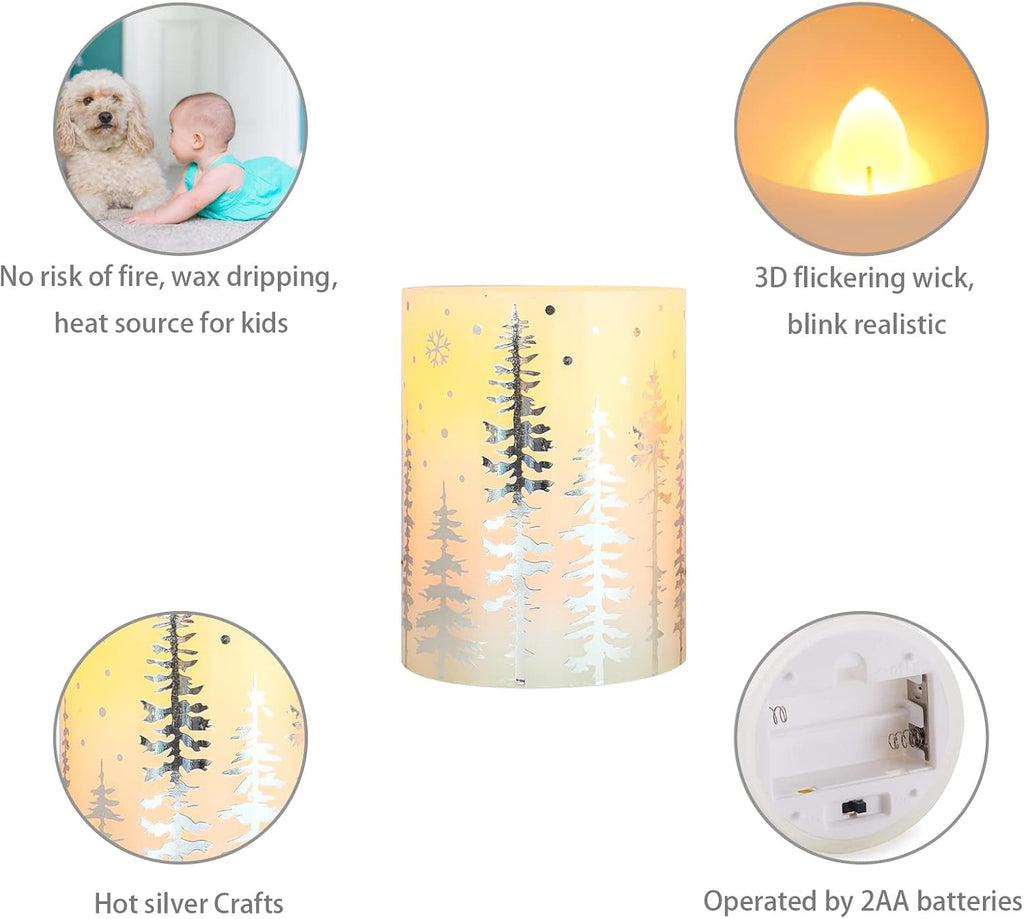 Christmas Flameless Pillar Candles, Holiday Led Candles with Timer Remote, Silver Battery Operated Flickering Candles for Christmas Home Decorations, Centerpiece.