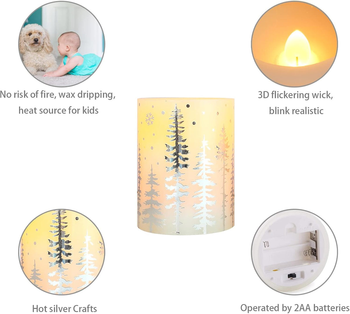 Christmas Flameless Pillar Candles, Holiday Led Candles with Timer Remote, Silver Battery Operated Flickering Candles for Christmas Home Decorations, Centerpiece.