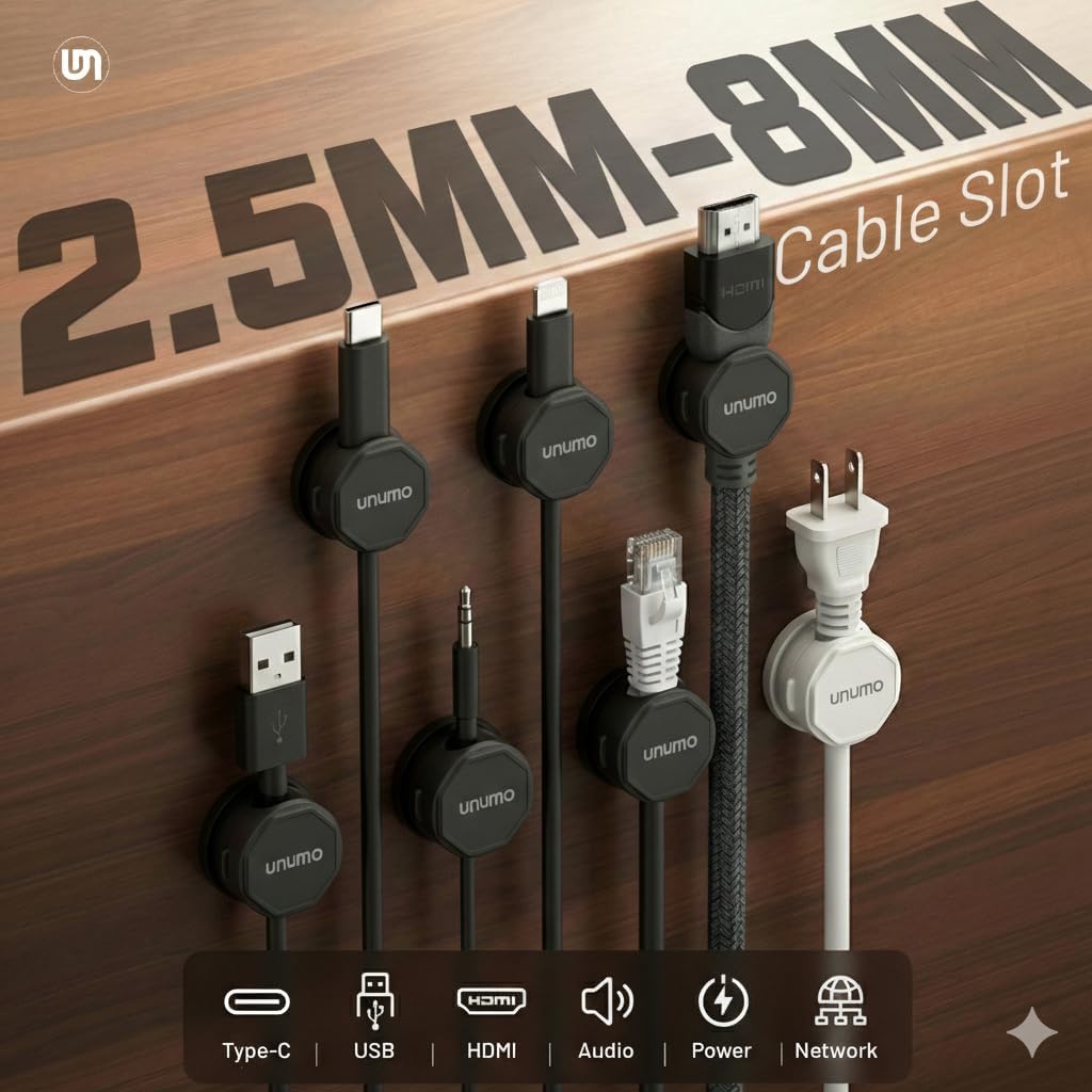 6 Pack Magnetic Cable Clips, Cord Holder, Under Desk Cable Management, UNUMO Adhesive Wire Holder Keeper Organizer for Home Office Desk Phone Car Wall Desktop Nightstand (Black)