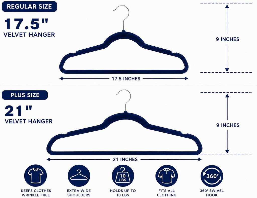 Home Expressions Premium 20 Pack - Ultra Thin No Slip Velvet Suit Swivel Hangers - 21" Extra Wide Strong Velvet Hangers - Space Saving Clothes Hangers - 21x0.2x10 inches (Navy)