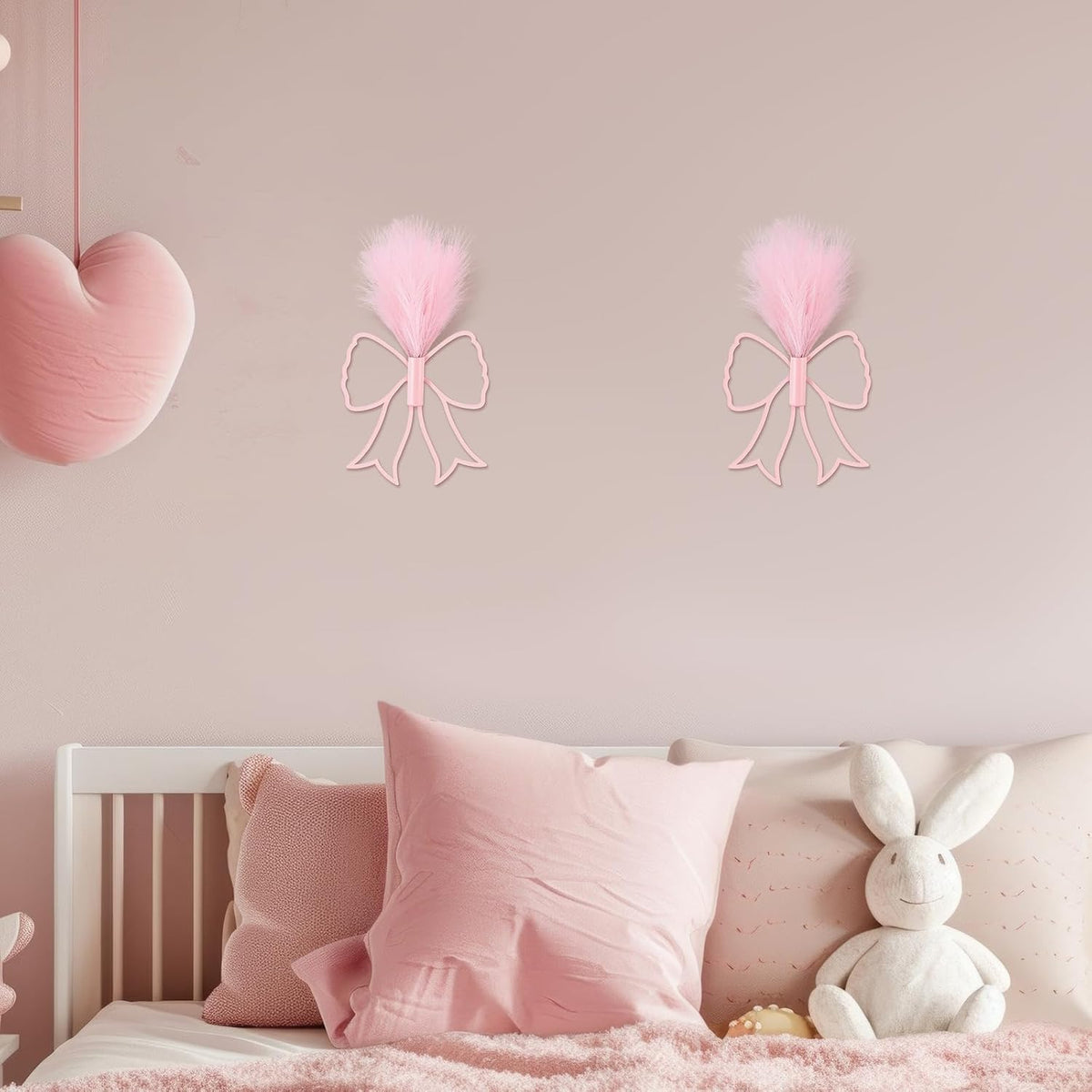Weysat 2 Pcs Pink Bow Wall Decor Metal Art with Pampas Coquette Wall Decor