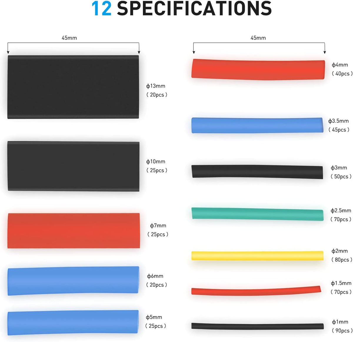 Nilight - 50005R Heat Shrink 2:1 Electric Insulation Tube Kit 45mm Flame Retardant Wrap Cable Sleeve 560pcs 5 Colors 12 Sizes with Storage Box，2 Years Warranty