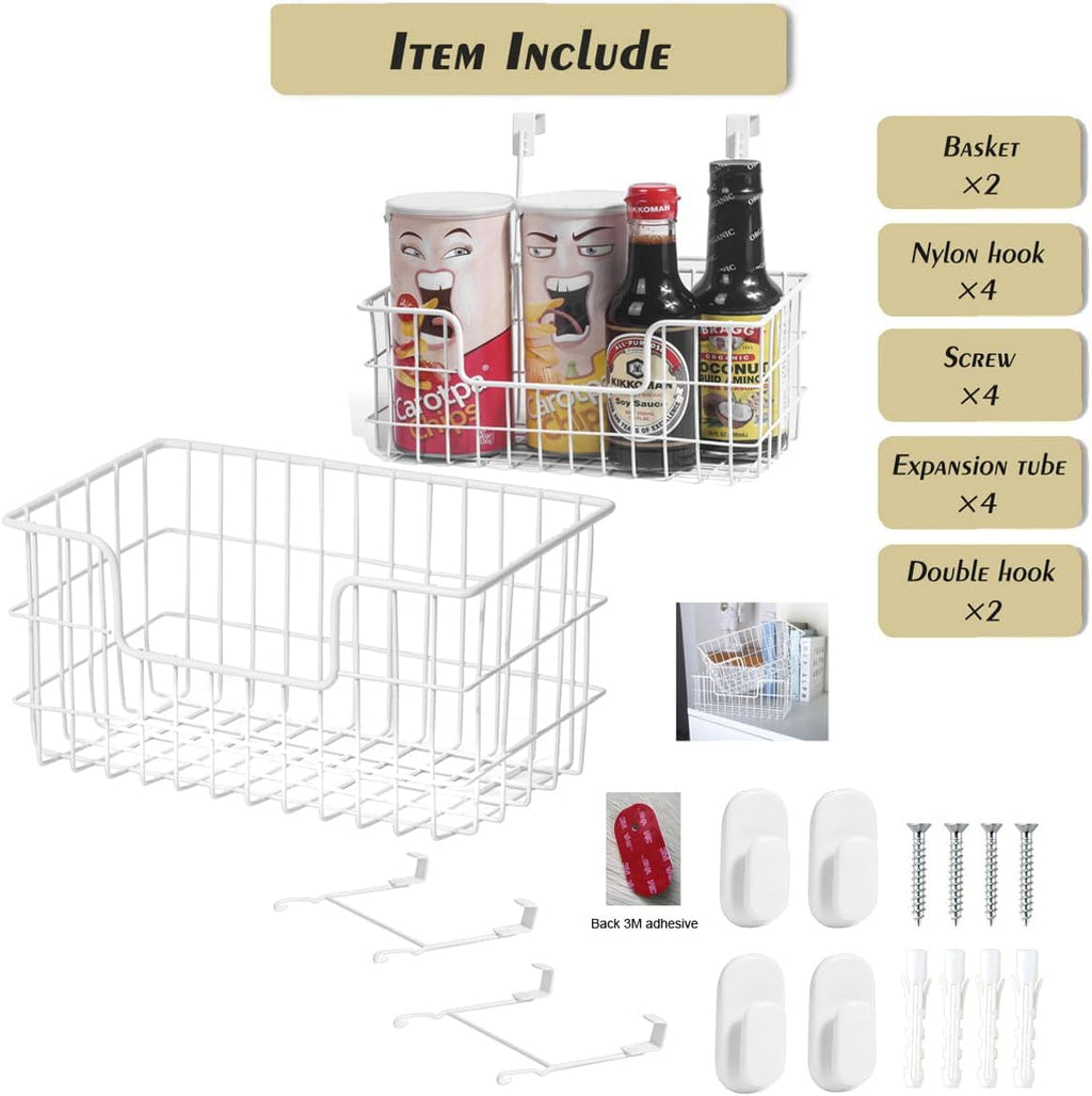 JUNCHU CHERRY Wire Storage Basket 2 Packs, Wall Mounted Kitchen Bathroom, Hanging Cabinet Door Storage Basket, no Drilling, Supporting 2 Types of Hooks, Strong Bearing, Suitable for Home, White