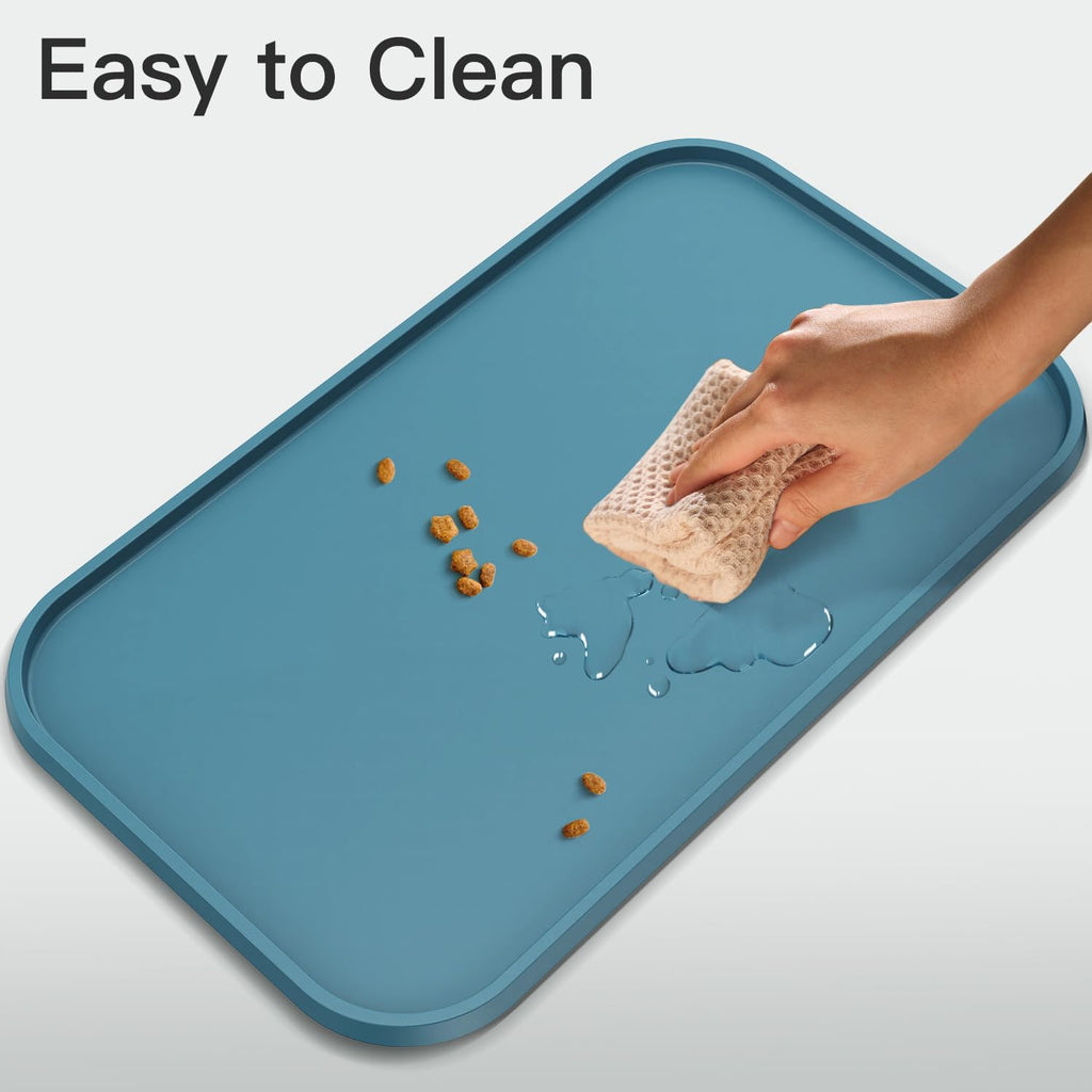 Feedoo Pet Feeding Mat [Warped Resistant Raised Edge], Water-Proof Silicone Placement for Food Water Bowls, Anti-Slip Base Protect Floor, BPA-Free&Dishwasher-Safe [23.5x13.5inch Large, Blue]