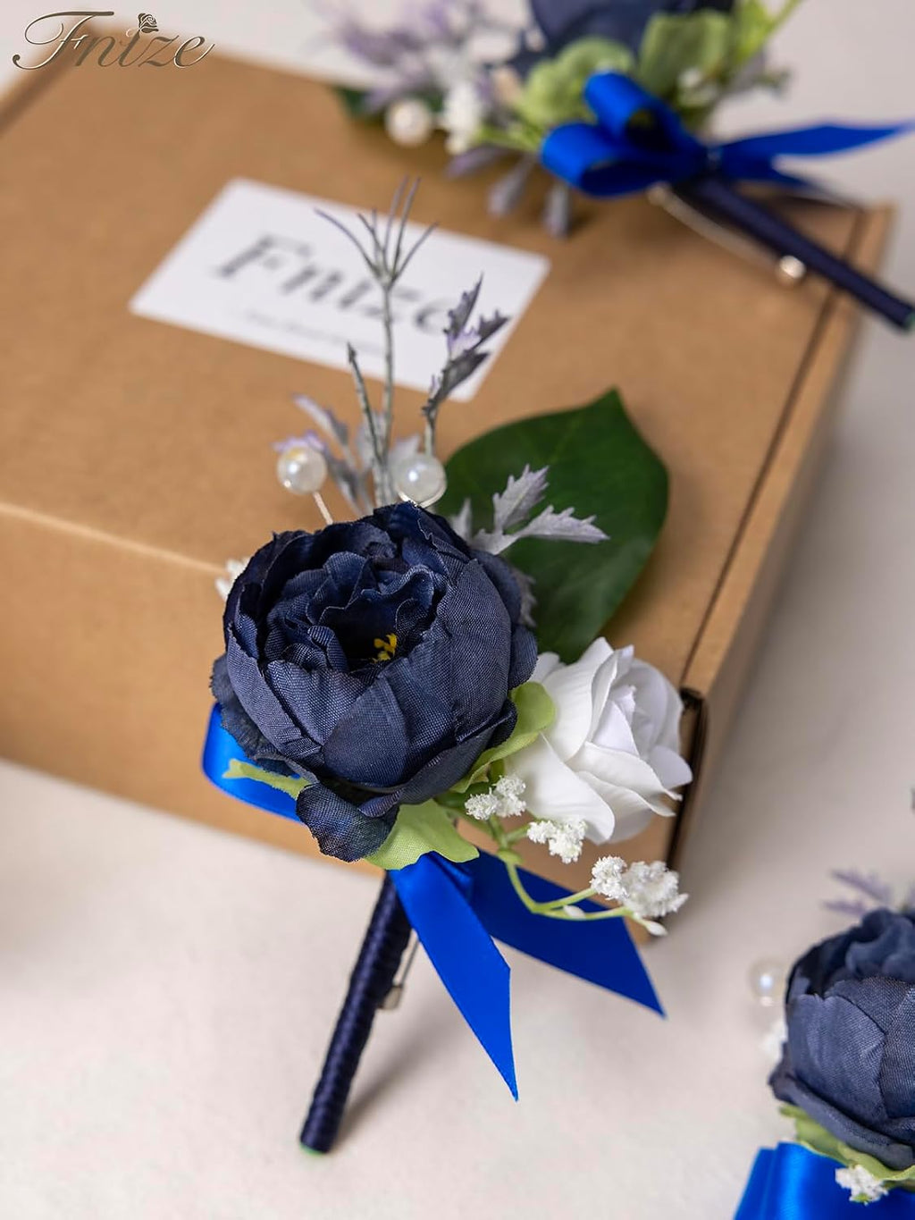Fnize Navy Blue Boutonniere for Men Set of 6 Groom Groomsmen Wedding