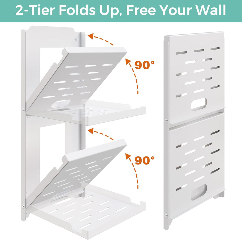 2-Tier Small Router Shelf Wall Mount - 7.5 inch Folding Metal Outlet Shelf w/Cable Holes | Dual-Layer Organizer Holder for WiFi Modem/Echo Dot & Cameras | Folds Up & Stackable (7.5″ Wide)