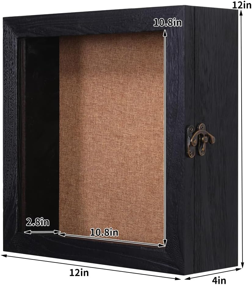 12 x 12 Extra Deep Shadow Box, 4-Inch Exterior Depth, Solid Wood, Black