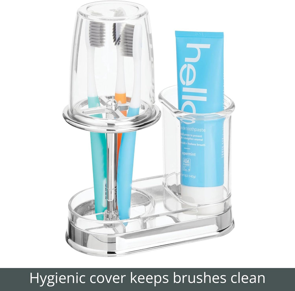 mDesign Plastic Toothpaste and Toothbrush Holder Center with Cup/Cover - Organizer for Bathroom Vanity Countertop - Holds Paste, Floss, Accessories - Hyde Collection - Clear