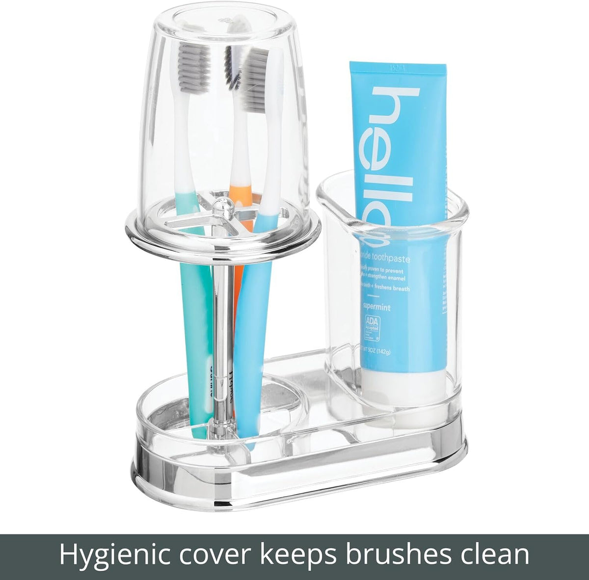 mDesign Plastic Toothpaste and Toothbrush Holder Center with Cup/Cover - Organizer for Bathroom Vanity Countertop - Holds Paste, Floss, Accessories - Hyde Collection - Clear