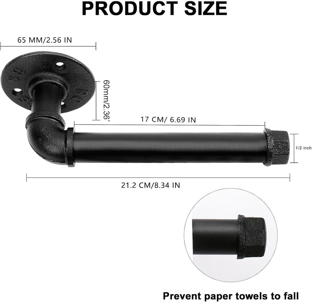 Industrial Pipe Toilet Paper Holder, Heavy Duty DIY Vintage Rustic Iron Farmhouse Style Roll Tissue Wall Mount Paper Holder Towel Racks with Hardware for Bathroom, Kitchen, Bedroom (1, Black)