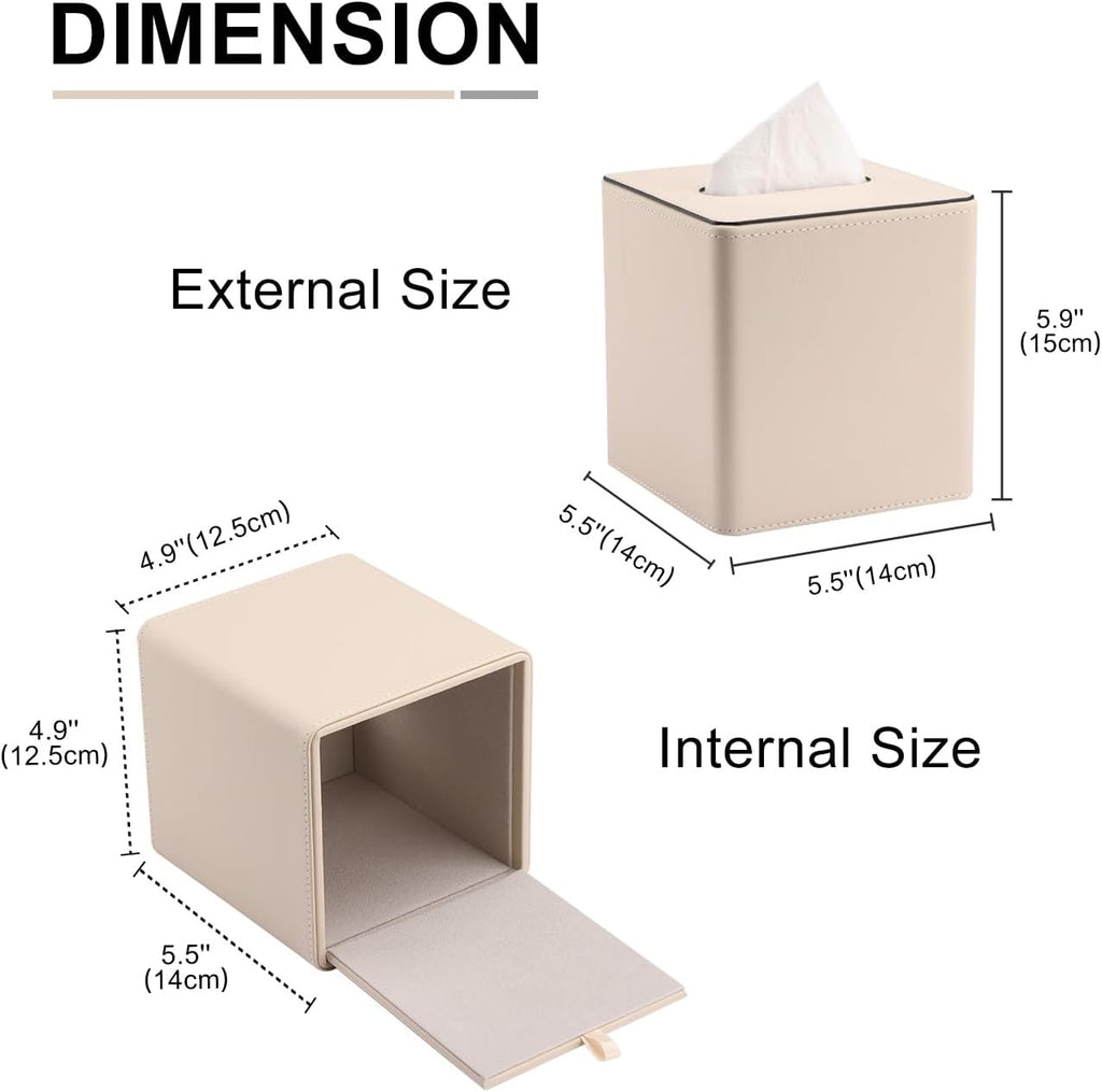 KINGFOM Leather Tissue Box Cover – Square Modern PU Leather Tissue Holder, Cube Tissue Dispenser for Home, Office, Bedroom, Bathroom – Elegant Minimalist Style (Beige-Square)
