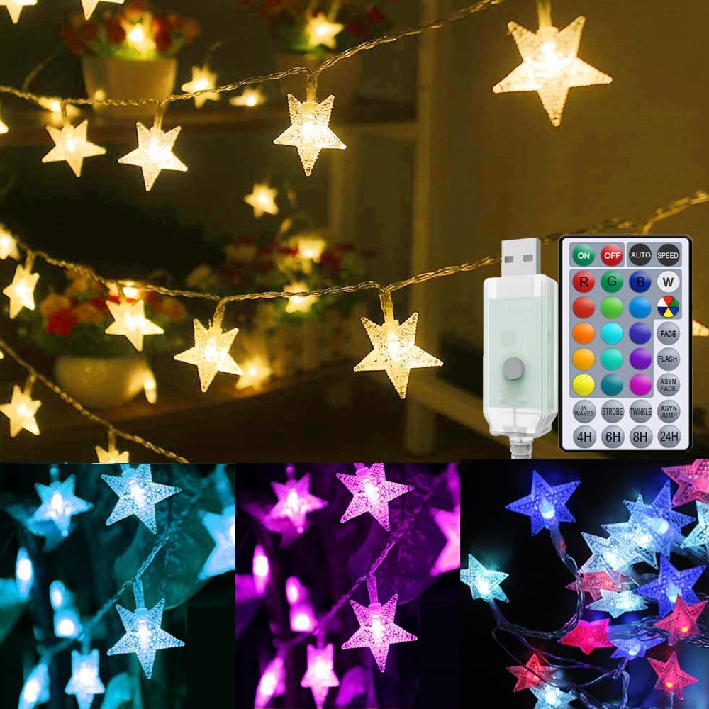 Solhice 40ft Color Changing Star String Lights for Bedroom 120 LEDs, Twinkle Lights USB Powered for Kids Room Indoor, Hanging Lights with Remote